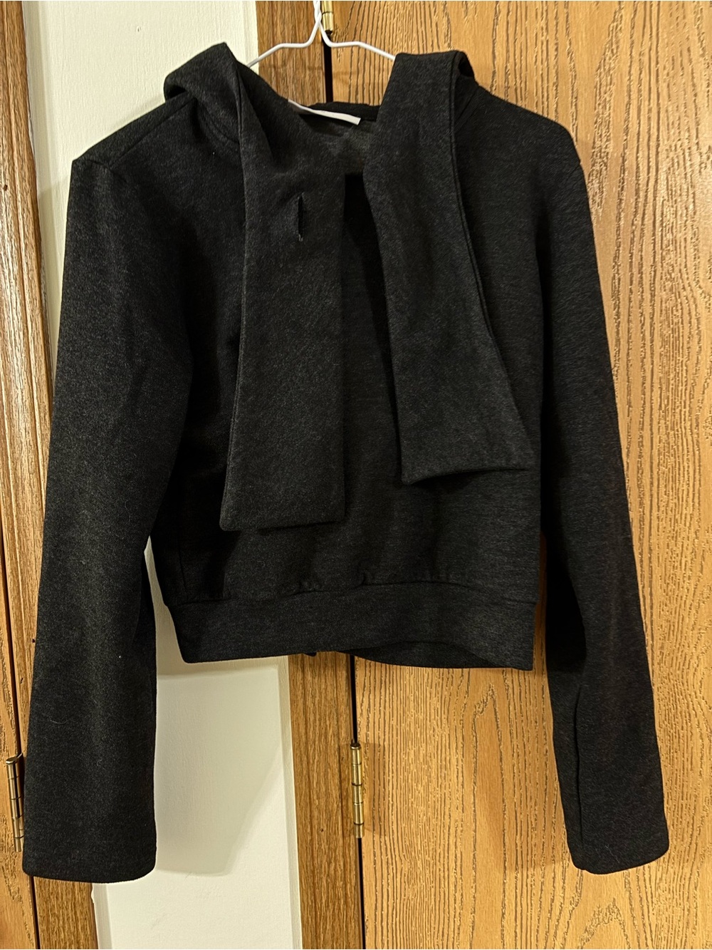 Cropped Black Hooded Sweatshirt with Front Tie